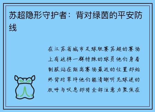 苏超隐形守护者：背对绿茵的平安防线