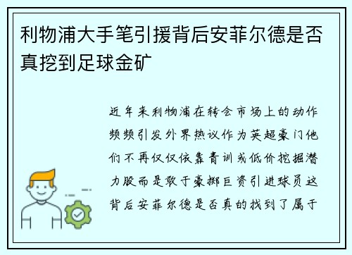 利物浦大手笔引援背后安菲尔德是否真挖到足球金矿