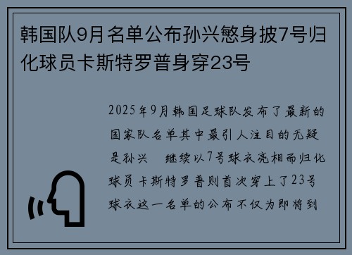 韩国队9月名单公布孙兴慜身披7号归化球员卡斯特罗普身穿23号